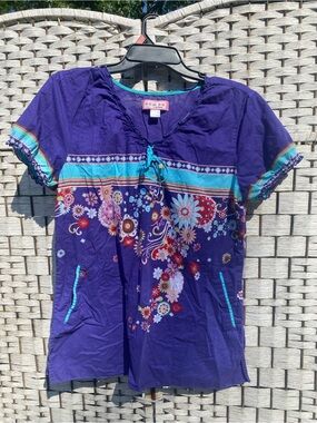 koi Purple Floral Short-Sleeve Peasant Tunic with Turquoise Trim